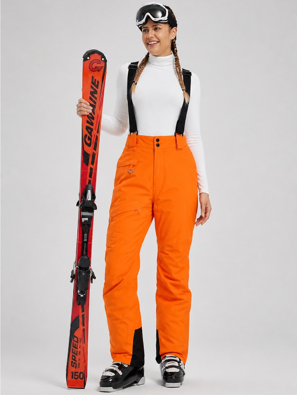 Orange Women's Ski/ mountain climbing  Pants with  Adjustable Suspenders